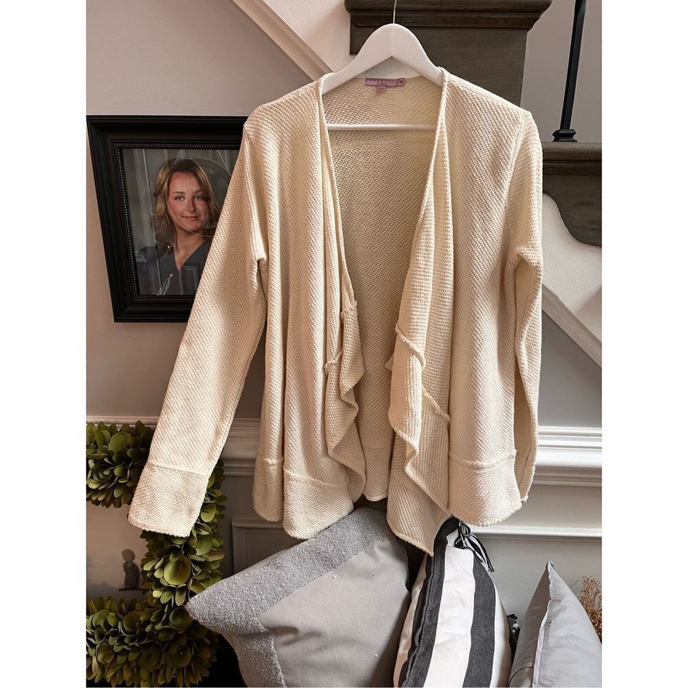 Calypso St. Barth Cream Waffle Knit Open Front Waterfall Cardigan sz M EUC